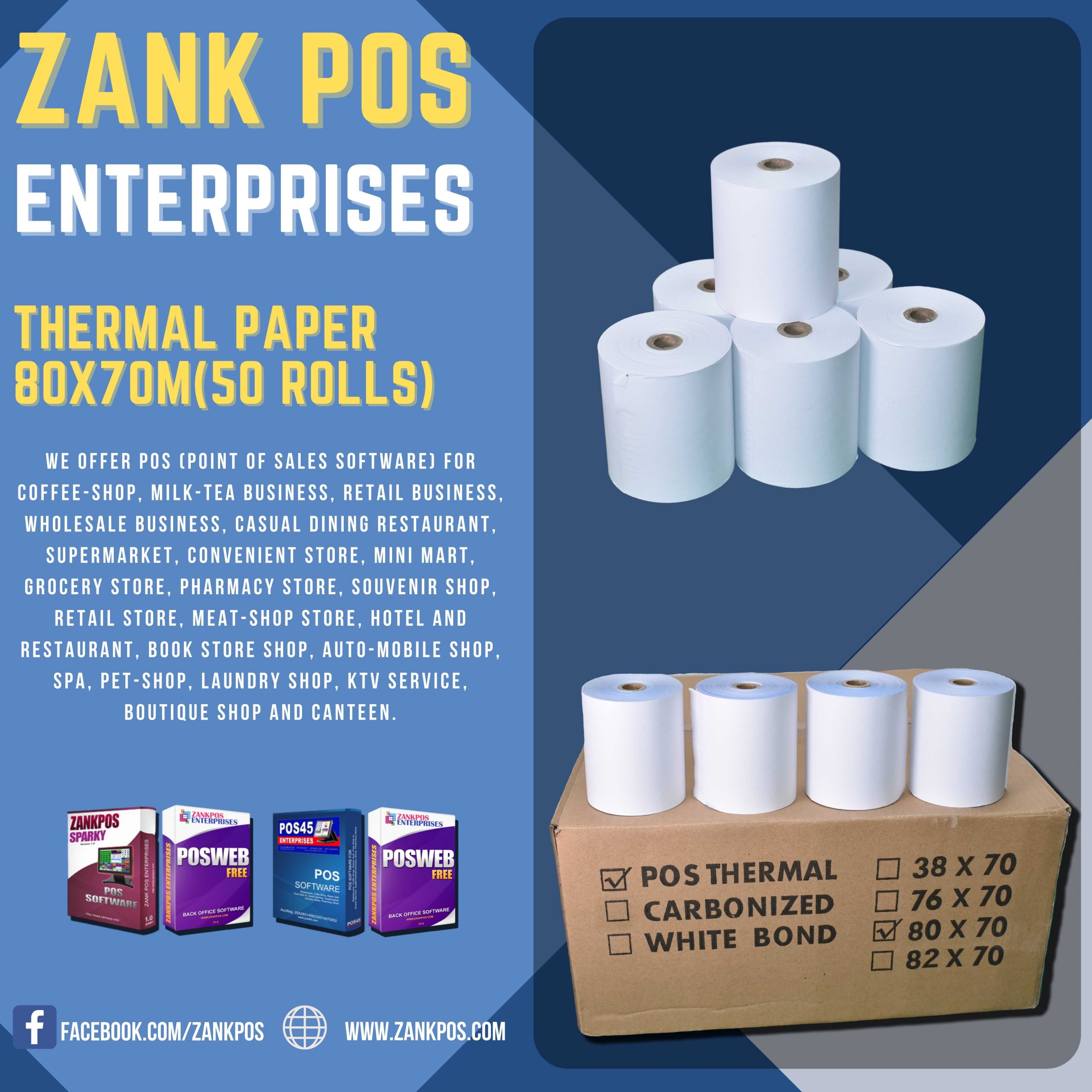 THERMAL PAPER 80 X 70 MM 50 ROLLS ZANK POS ENTERPRISES
